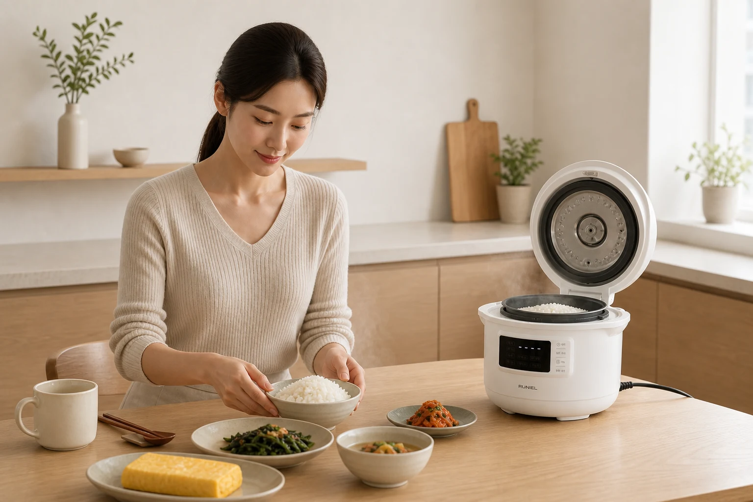 오트밀 니트와 크림 앞치마를 입은 여성이 따뜻한 주방 식탁에서 루니엘 압력밥솥으로 지은 밥을 담는 모습