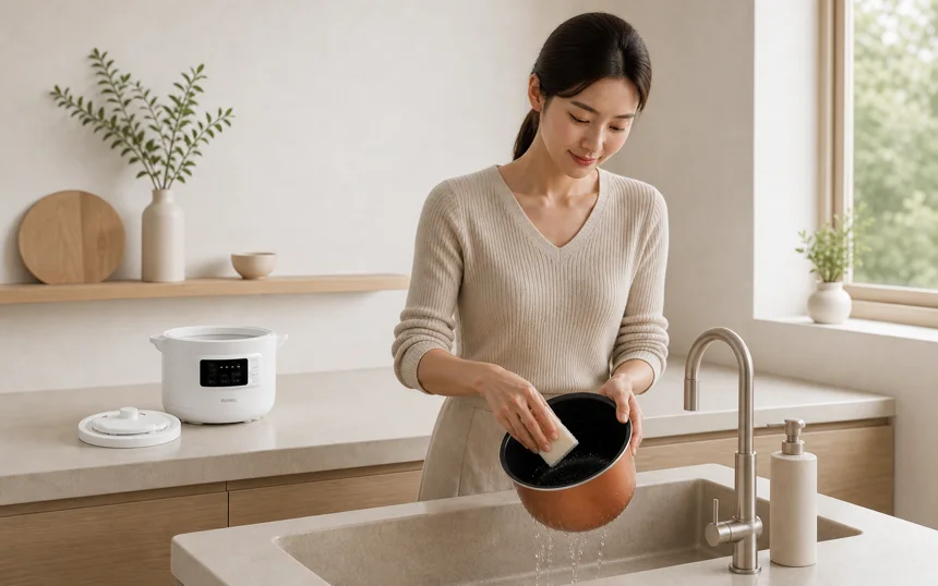 여성이 분리한 내솥을 싱크대에서 세척하고 루니엘 압력밥솥 본체는 마른 조리대에 둔 모습